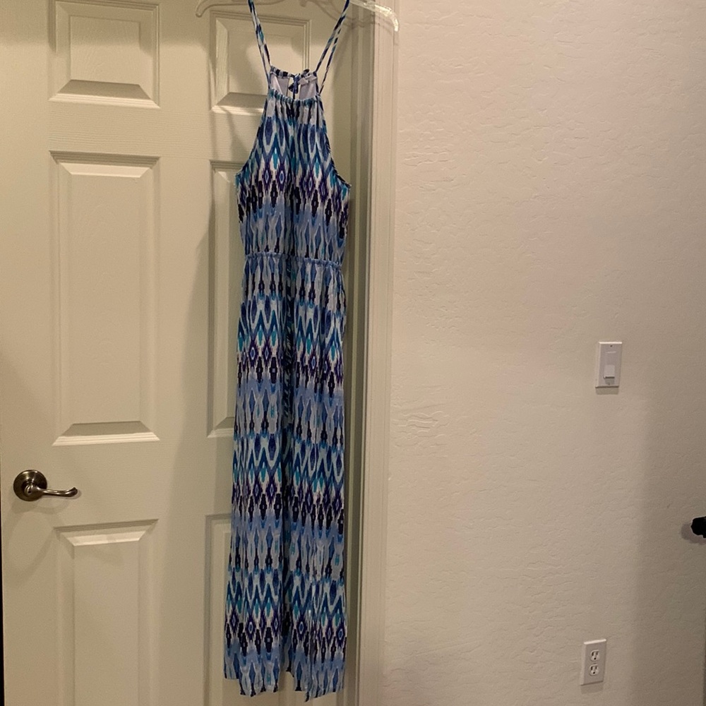 Athleta Halter Ikat Blue Sunset Maxi Dress size Small Beachy coastal cottage